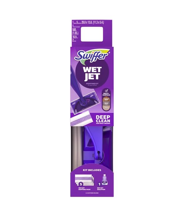Swiffer WetJet Spray Mop Starter Kit, 1 Power Mop + 1 Floor Cleaner & 5 Pads (Batteries Included)