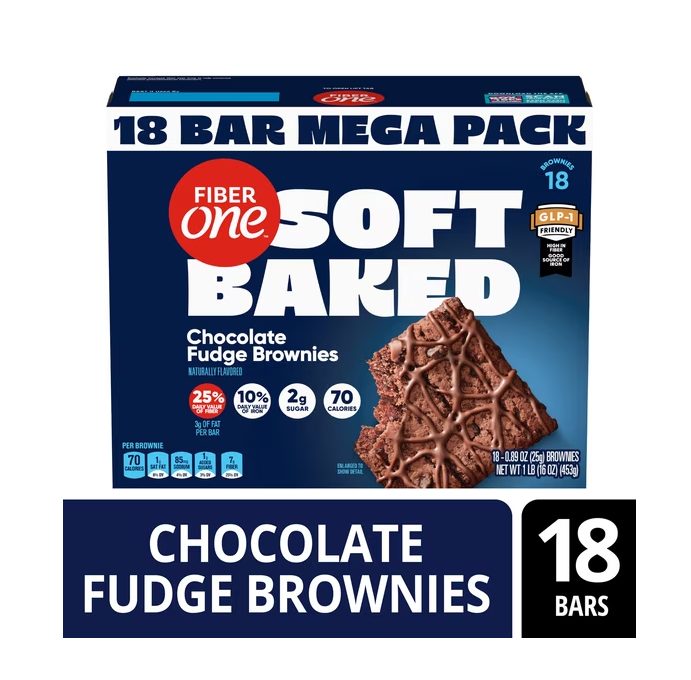 Fiber One Soft Baked Chocolate Fudge Brownies, Fiber Snacks, Mega Pack, 18 Ct, 16 oz