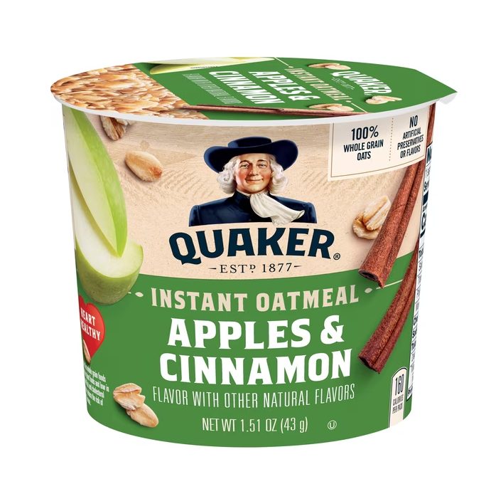 Quaker Instant Oatmeal, Apple Cinnamon, Quick Cook Oatmeal, 1.5oz Cup