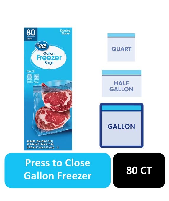 Great Value Freezer Guard Double Zipper Gallon Freezer Bag, 80 Count