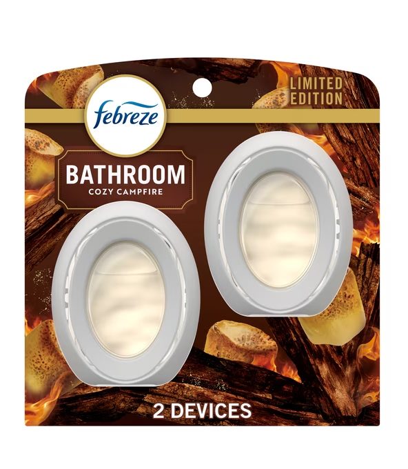 Febreze Odor-Fighting Bathroom Air Freshener for Small Spaces, Cozy Campfire Scent, 2 Count