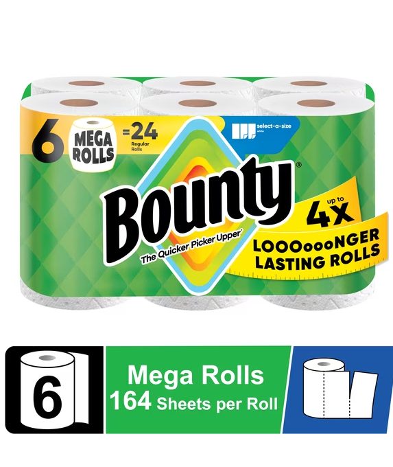 Bounty Paper Towels Select-A-Size White, 6 Mega Rolls, 164 Sheets per Roll
