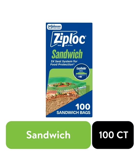 Ziploc Sandwich Bags For Food Storage, School Supplies, with EasyGuide, Zipper, 100 Count