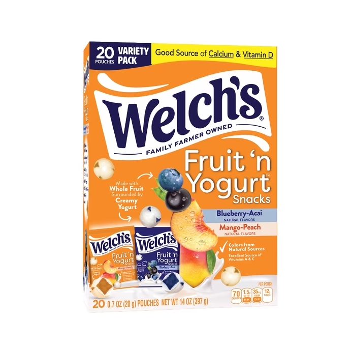 Welch's Fruit 'N Yogurt Snacks, Blueberry-Acai & Mango-Peach, Kids Snacks, 0.7 oz, 20 Count