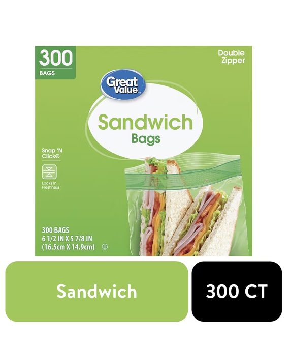 Great Value Double Zipper Sandwich Bags, 300 Count