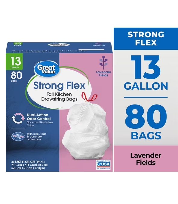 Great Value Strong Flex Tall Kitchen Drawstring Garbage Bags, Lavender Fields, 13 Gallon, 80 Count