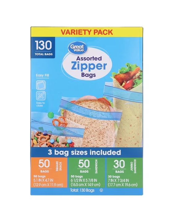 Great Value Assorted Zipper Bags Variety Pack, 130 Count
