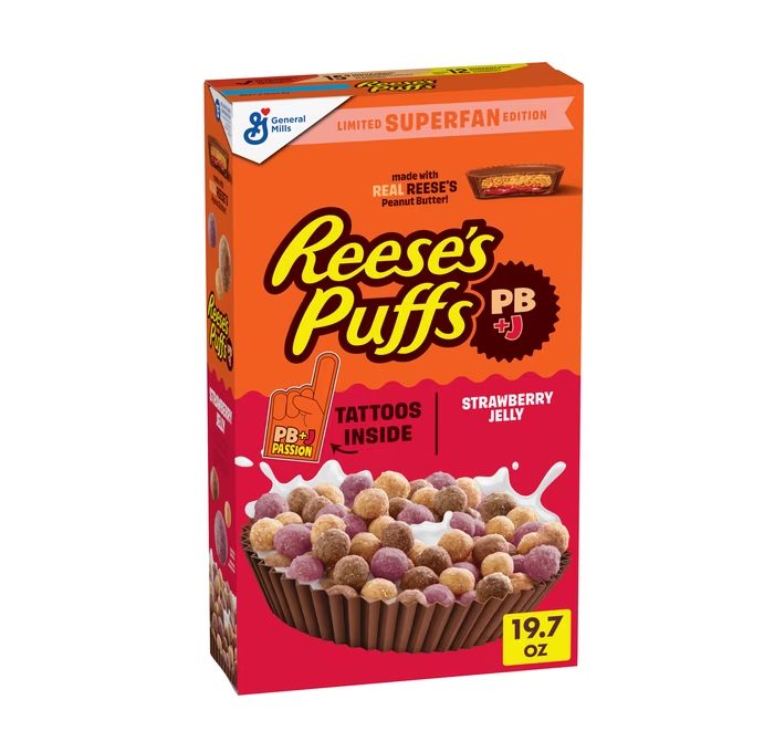 REESE'S PUFFS PB and J Superfan Cereal, Limited Edition with Tattoos, Family Size, 19.7 oz