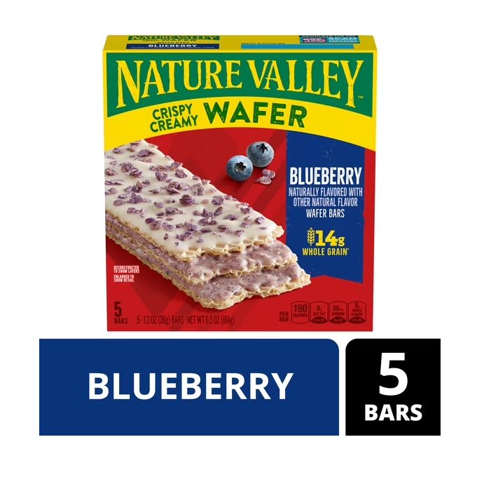 Nature Valley Crispy Creamy Wafer Bars, Blueberry, Whole Grain, 5 Bars, 6.5 oz