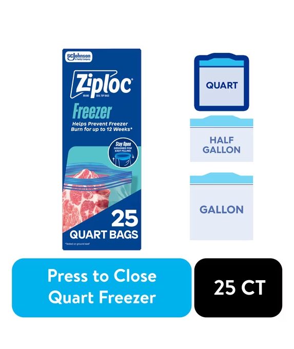 Ziploc Brand Freezer Food Storage Bags, School Supplies, with Grip 'n Seal Technology, Zipper, Quart, 25 Count