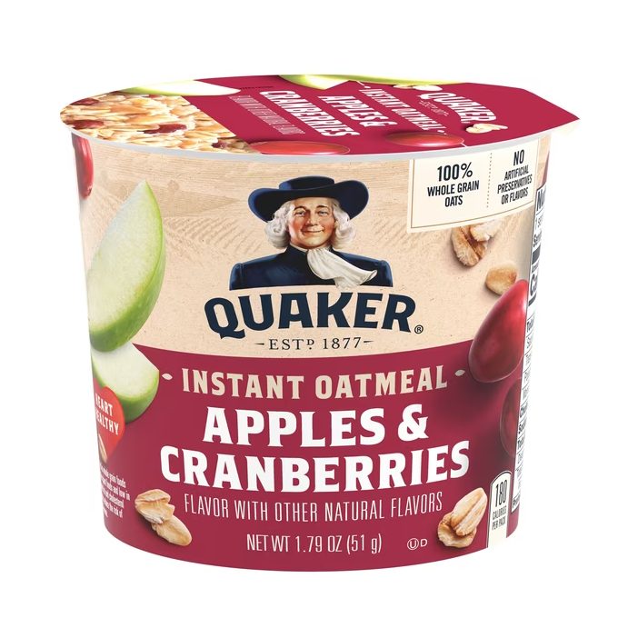 Quaker Instant Oatmeal, Apples & Cranberries, Quick Cook Ready-to-Microwave Oatmeal, 1.79 oz Cup
