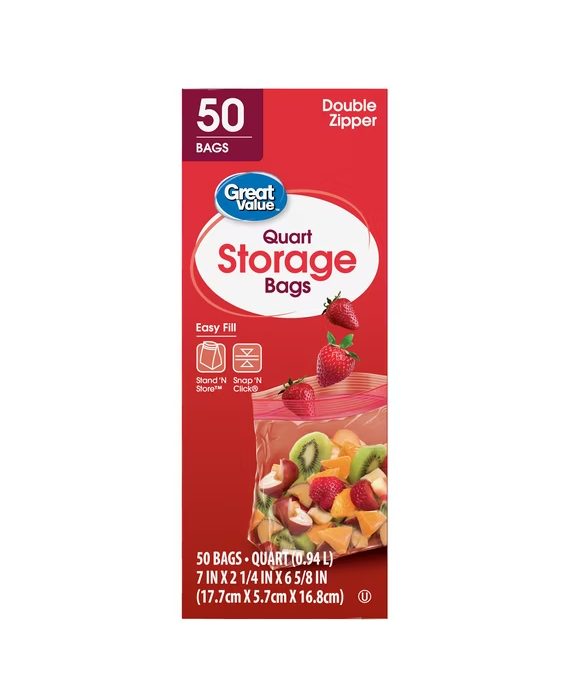 Great Value Fresh Seal Quart Double Zipper Storage Bags, 50 Count