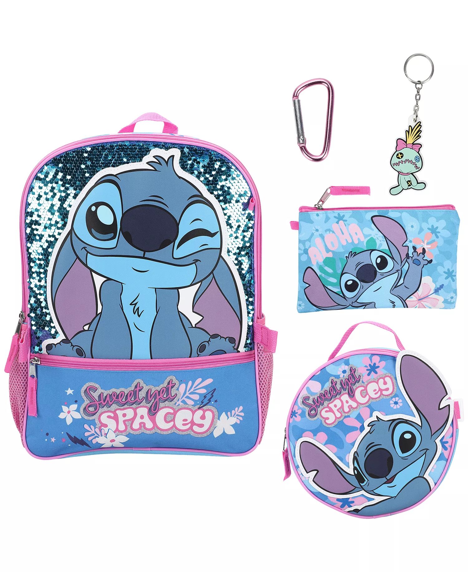 Stitch Boys' and Girls' Backpack, Lunch Bag, Pencil Case, Key Chain and Caraniber, 5-Piece Set